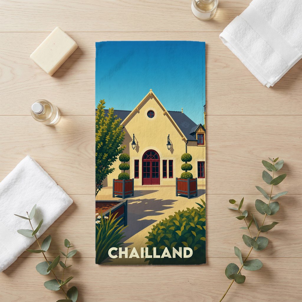 Serviette de bain souvenir de la ville de Chailland avec une illustration stylisée.