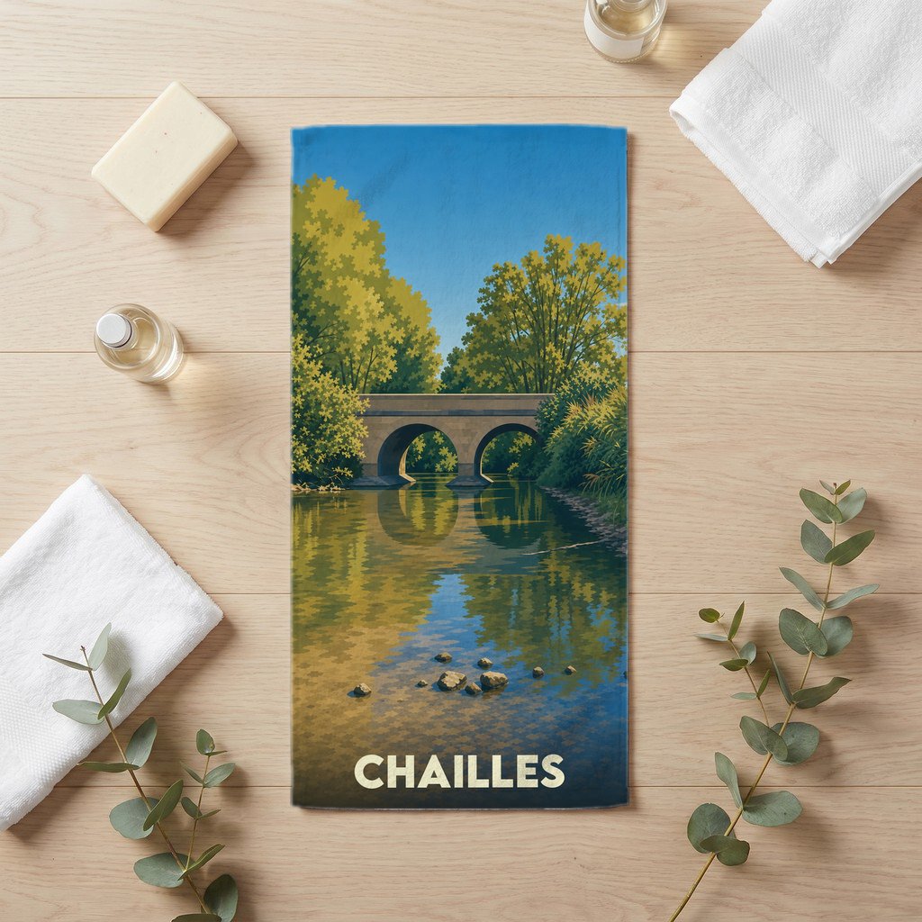 Serviette de bain souvenir de la ville de Chailles illustrée d'un pont de pierre traversant une rivière bordée d'arbres.