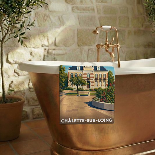 Serviette de bain souvenir de la ville de Châlette-sur-Loing avec une illustration stylisée.
