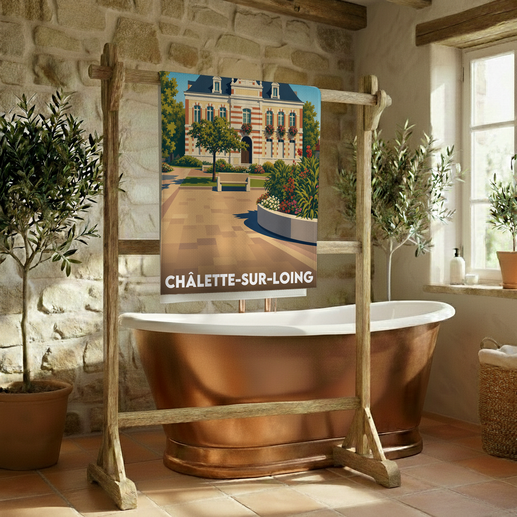 Serviette de bain souvenir de la ville de Châlette-sur-Loing avec une illustration stylisée.