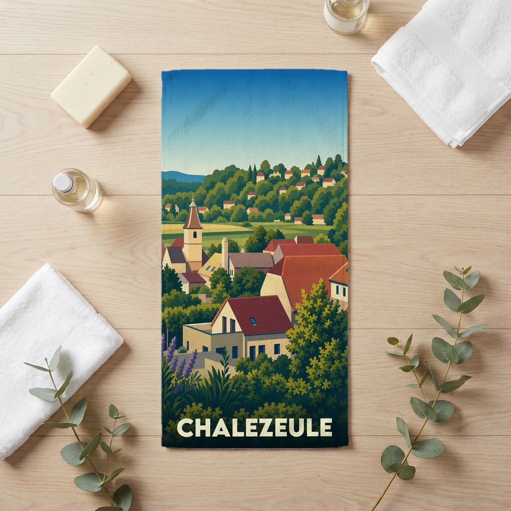 Serviette de bain souvenir de la ville de Chalezeule avec une illustration paysagère stylisée.