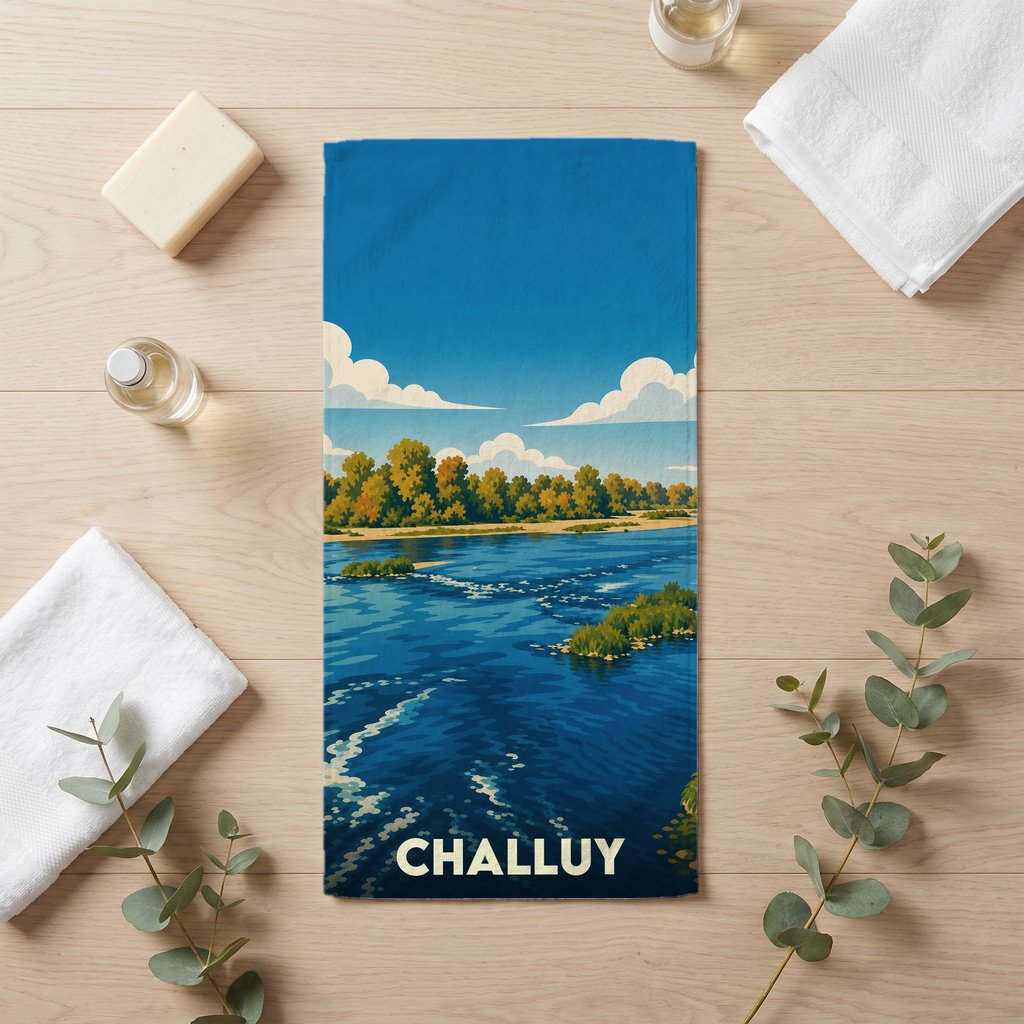 Serviette de bain souvenir de la ville de Challuy avec une illustration stylisée d'un paysage de rivière.