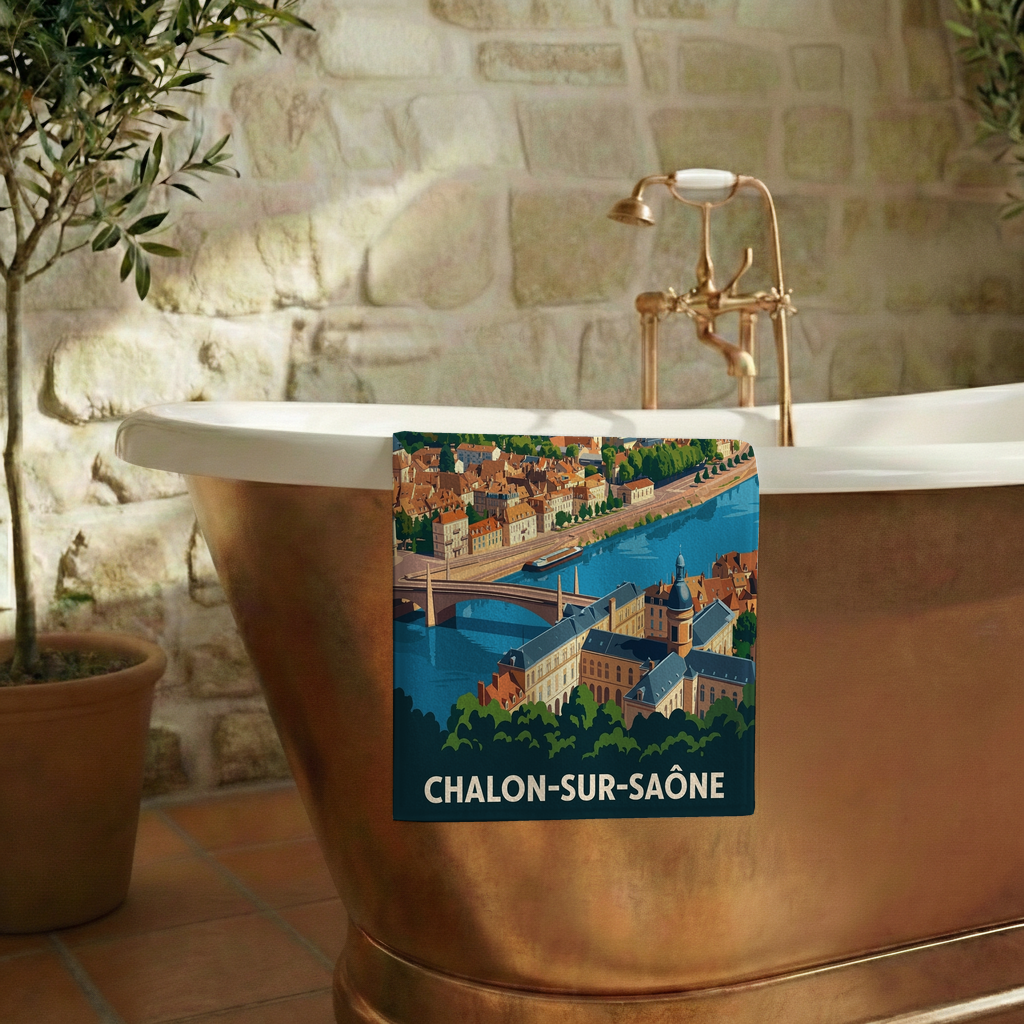 Serviette de bain souvenir de la ville de Chalon-sur-Saône avec une illustration stylisée.