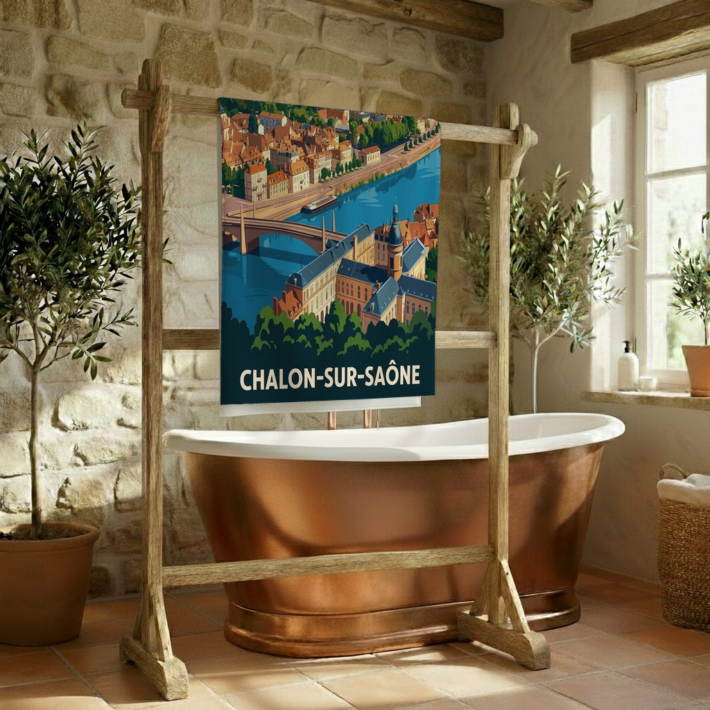 Serviette de bain souvenir de la ville de Chalon-sur-Saône avec une illustration stylisée.