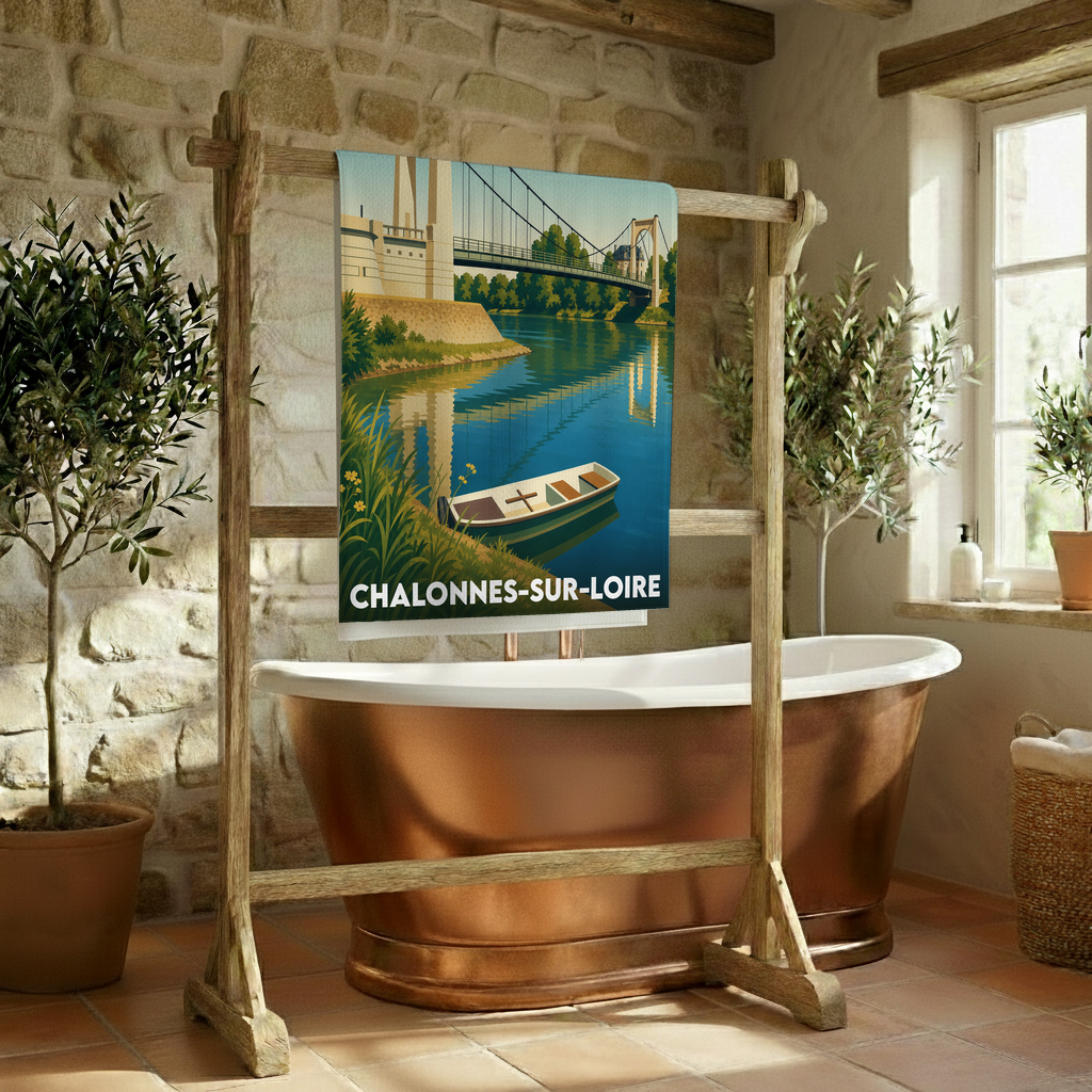 Serviette de bain souvenir de Chalonnes-sur-Loire avec une illustration stylisée du pont et de la Loire.