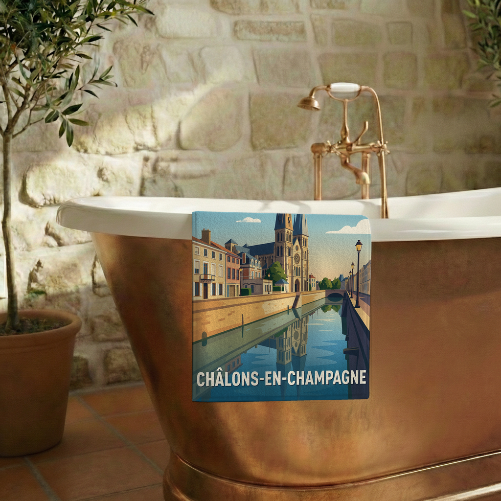 Serviette de bain souvenir de la ville de Châlons-en-Champagne avec une illustration stylisée.