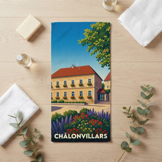 Serviette de bain souvenir de la ville de Châlonvillars avec une illustration stylisée.