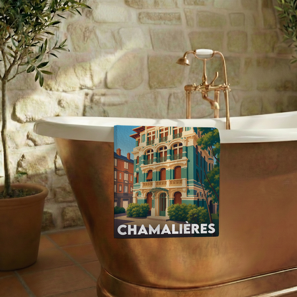 Serviette de bain souvenir de la ville de Chamalières avec une illustration stylisée.