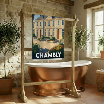 Serviette de bain souvenir de la ville de Chambly avec une illustration stylisée.
