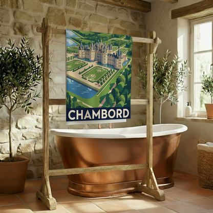 Serviette de bain souvenir de la ville de Chambord avec une illustration stylisée.