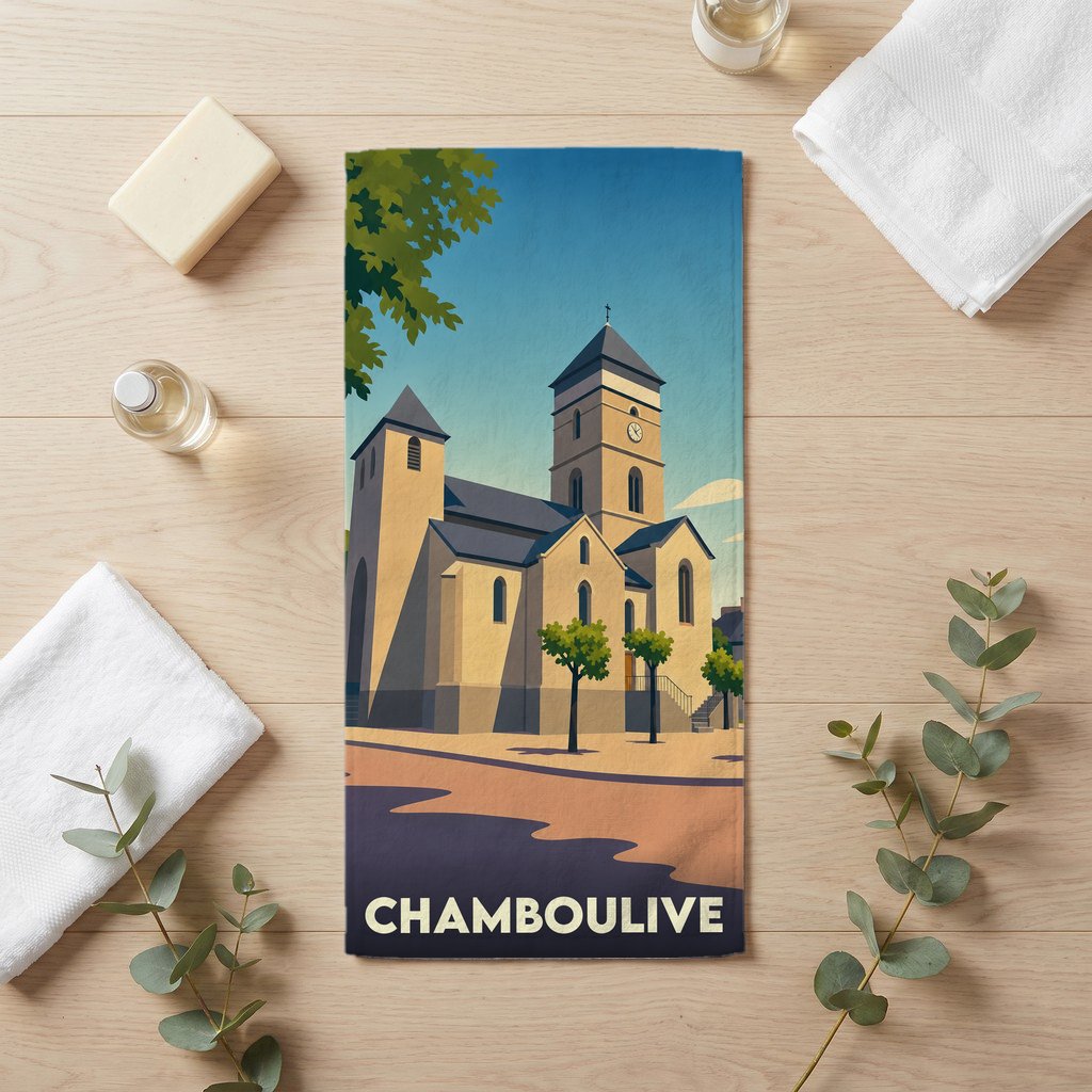 Serviette de bain souvenir de la ville de Chamboulive avec une illustration stylisée de son église.