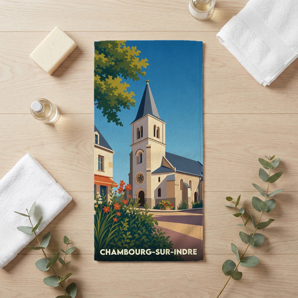 Serviette de bain souvenir de la ville de Chambourg-sur-Indre avec une illustration stylisée de son église.