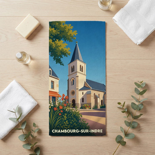 Serviette de bain souvenir de la ville de Chambourg-sur-Indre avec une illustration stylisée de son église.