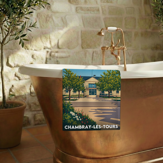 Serviette de bain souvenir de la ville de Chambray-lès-Tours avec une illustration stylisée.