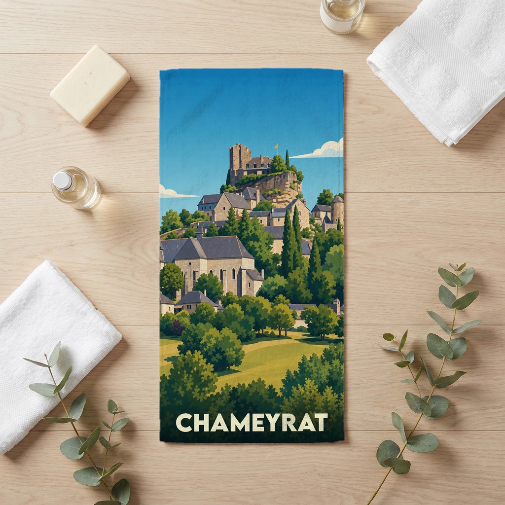 Serviette de bain souvenir de la ville de Chameyrat avec une illustration stylisée.