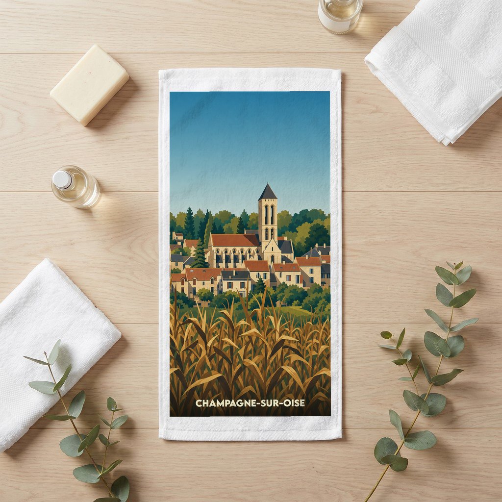 Serviette de bain souvenir de Champagne-sur-Oise illustrée d'un paysage de village stylisé.