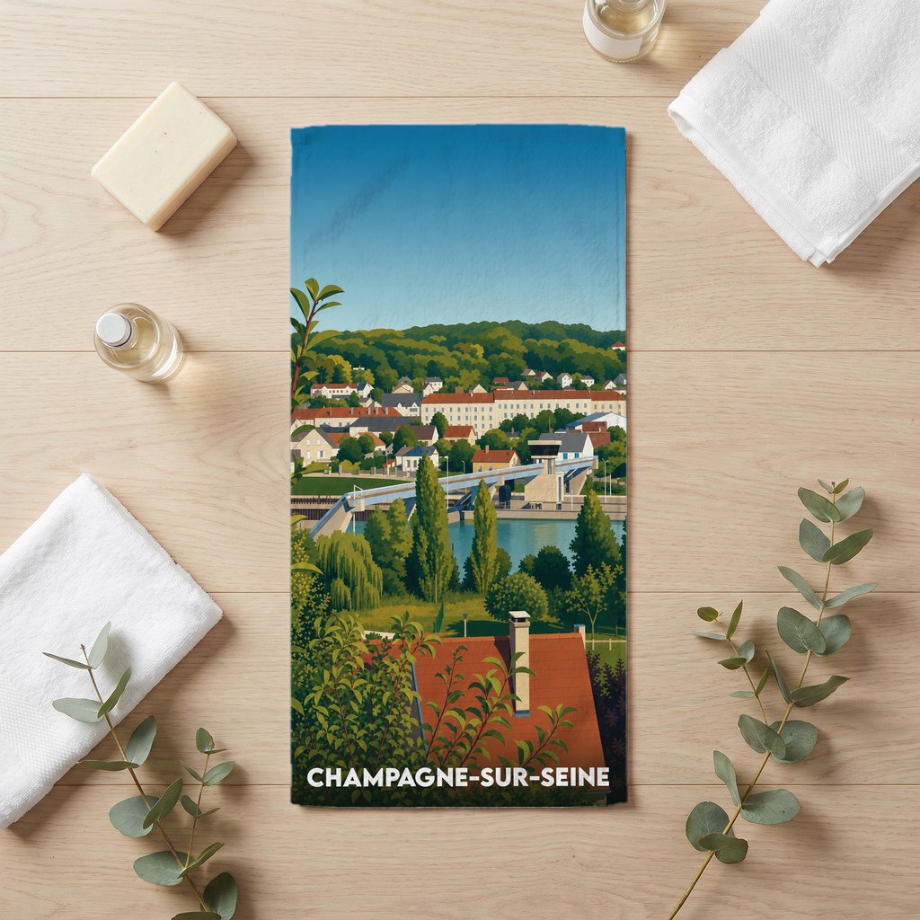 Serviette de bain souvenir de la ville de Champagne-sur-Seine avec une illustration stylisée.