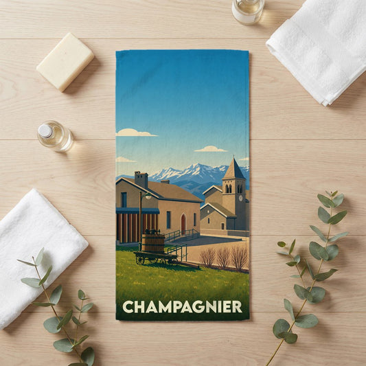 Serviette de bain souvenir de la ville de Champagnier avec une illustration stylisée de style vintage.
