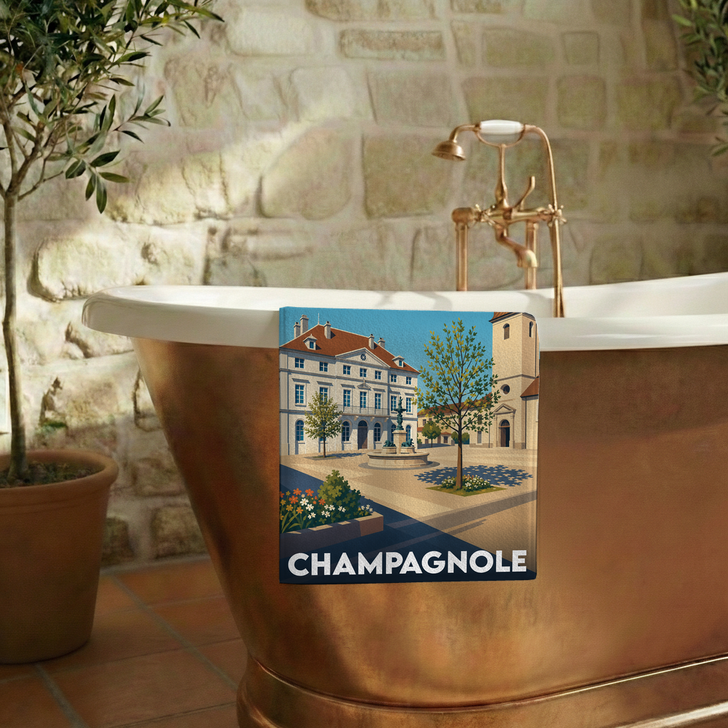 Serviette de bain souvenir de la ville de Champagnole avec une illustration stylisée.