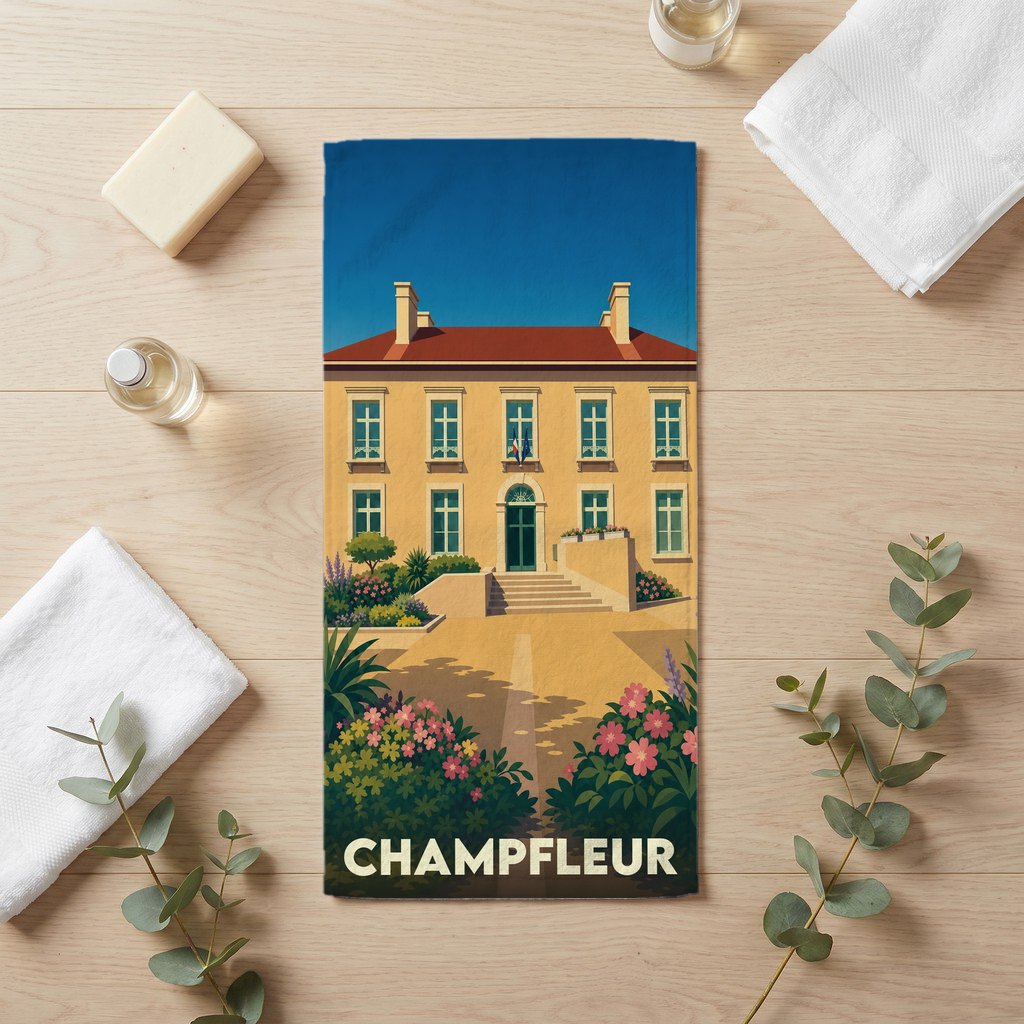Serviette de bain souvenir de la ville de Champfleur avec une illustration stylisée d'un bâtiment classique.