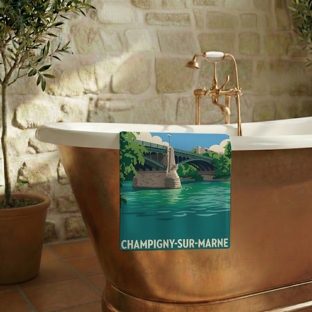 Serviette de bain souvenir de la ville de Champigny-sur-Marne avec une illustration stylisée.