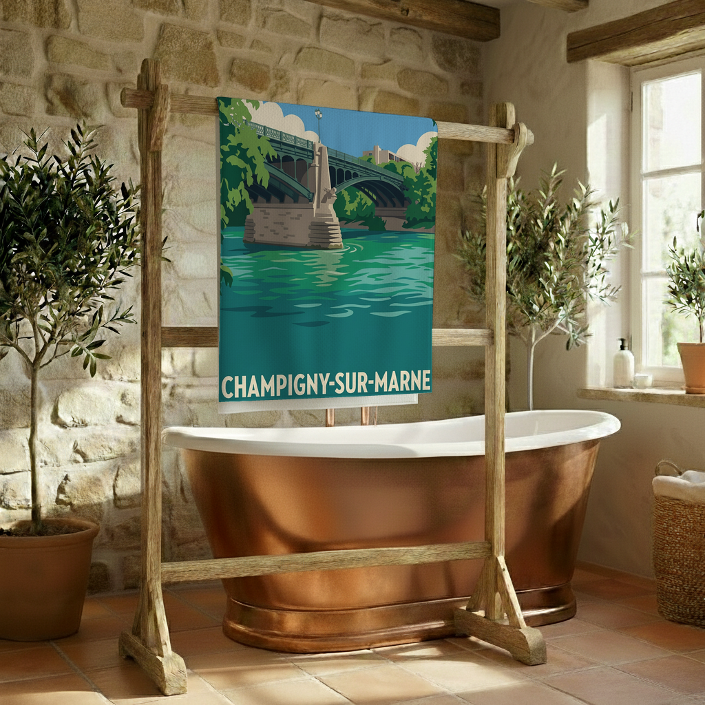Serviette de bain souvenir de la ville de Champigny-sur-Marne avec une illustration graphique stylisée d'un pont.