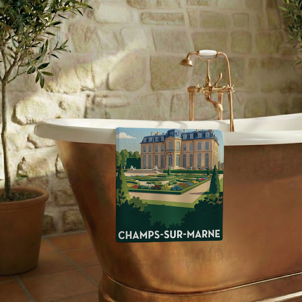 Serviette de bain souvenir de la ville de Champs-sur-Marne avec une illustration stylisée de son château.