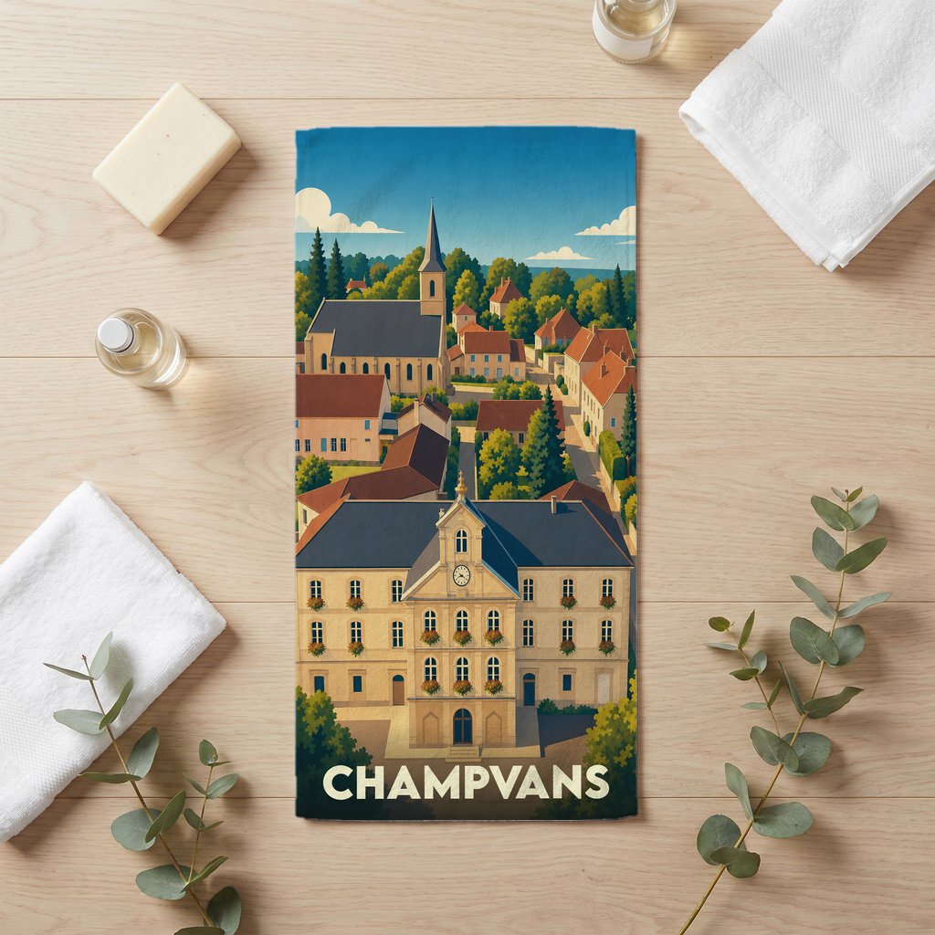Serviette de bain souvenir de la ville de Champvans illustrée d'un paysage urbain stylisé.