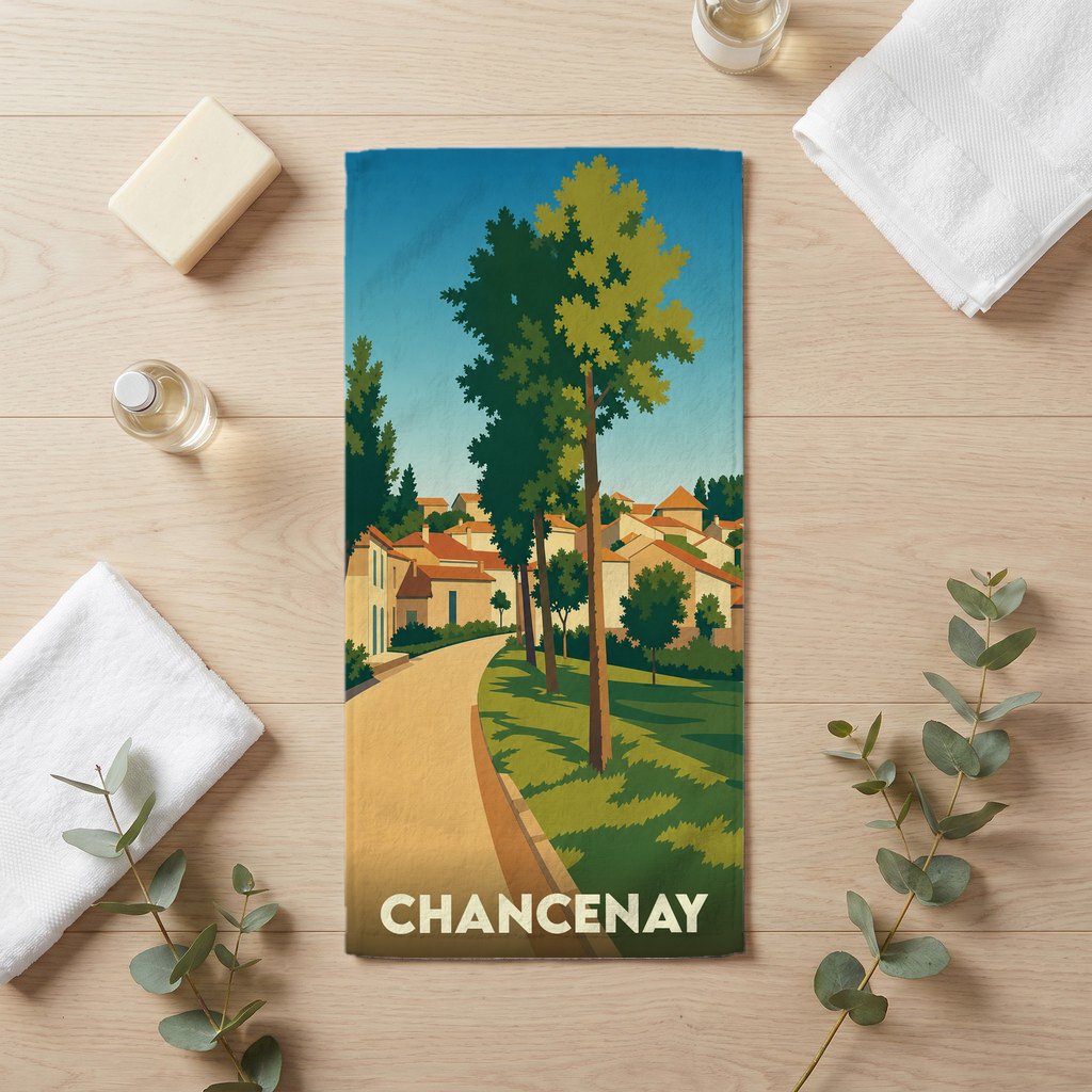 Serviette de bain souvenir de la ville de Chancenay avec une illustration de paysage stylisée.