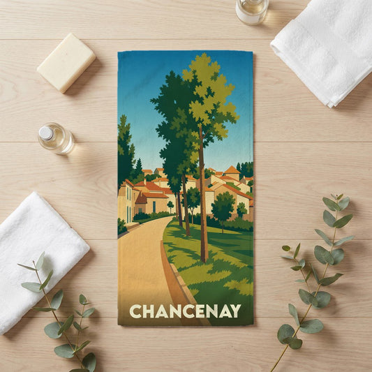 Serviette de bain souvenir de la ville de Chancenay avec une illustration de paysage stylisée.