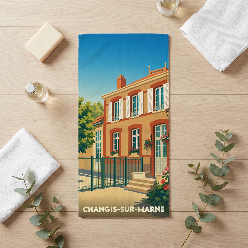 Serviette de bain souvenir de la ville de Changis-sur-Marne avec une illustration stylisée d'une maison traditionnelle.