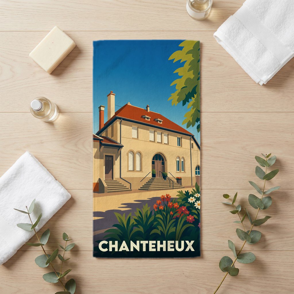 Serviette de bain souvenir de la ville de Chanteheux avec une illustration stylisée d'un bâtiment historique.