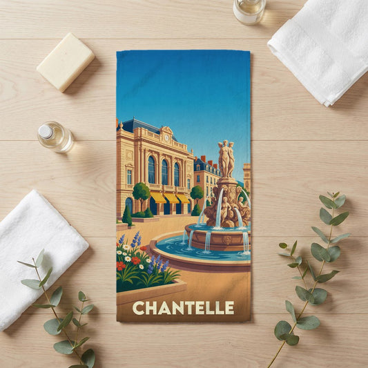 Serviette de bain souvenir de la ville de Chantelle avec une illustration stylisée d'une fontaine et d'un bâtiment historique.