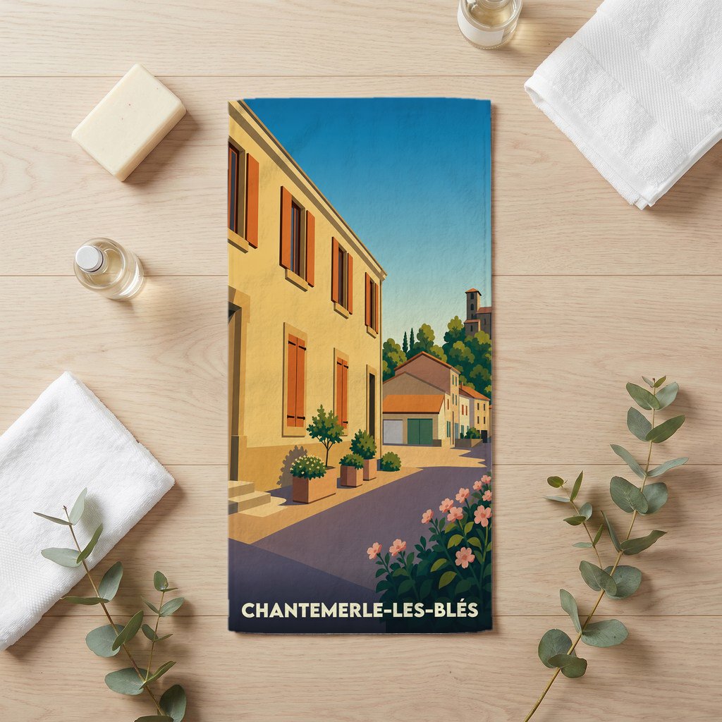 Serviette de bain souvenir de la ville de Chantemerle-les-Blés avec une illustration stylisée.