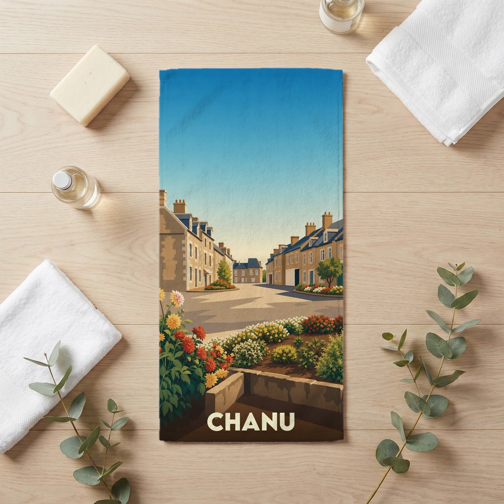 Serviette de bain souvenir de la ville de Chanu avec une illustration stylisée d'une rue fleurie.