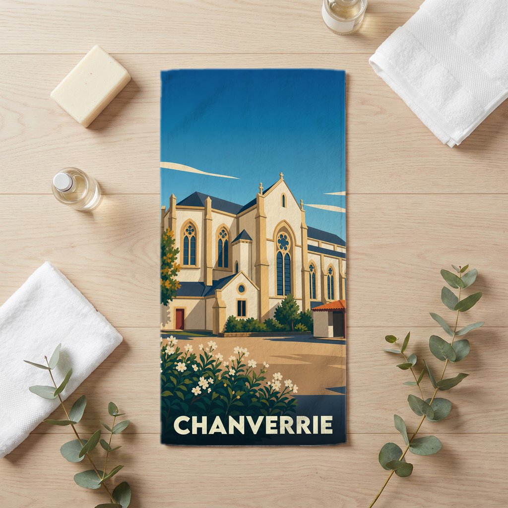 Serviette de bain souvenir de la ville de Chanverrie illustrée d'une église de style gothique.
