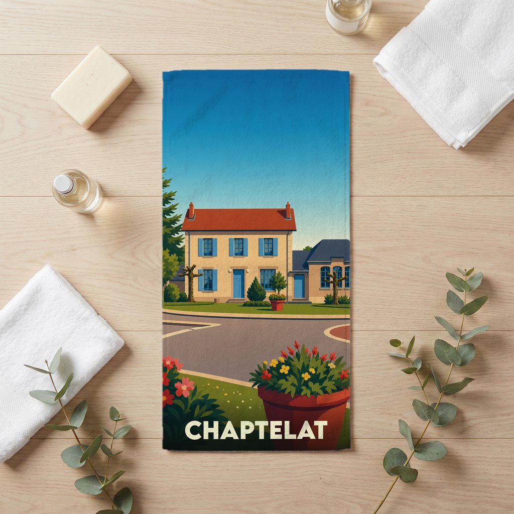 Serviette de bain souvenir de la ville de Chaptelat avec une illustration stylisée d'une maison de campagne.