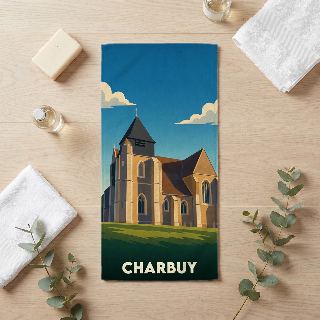 Serviette de bain souvenir de la ville de Charbuy avec une illustration stylisée de son église.