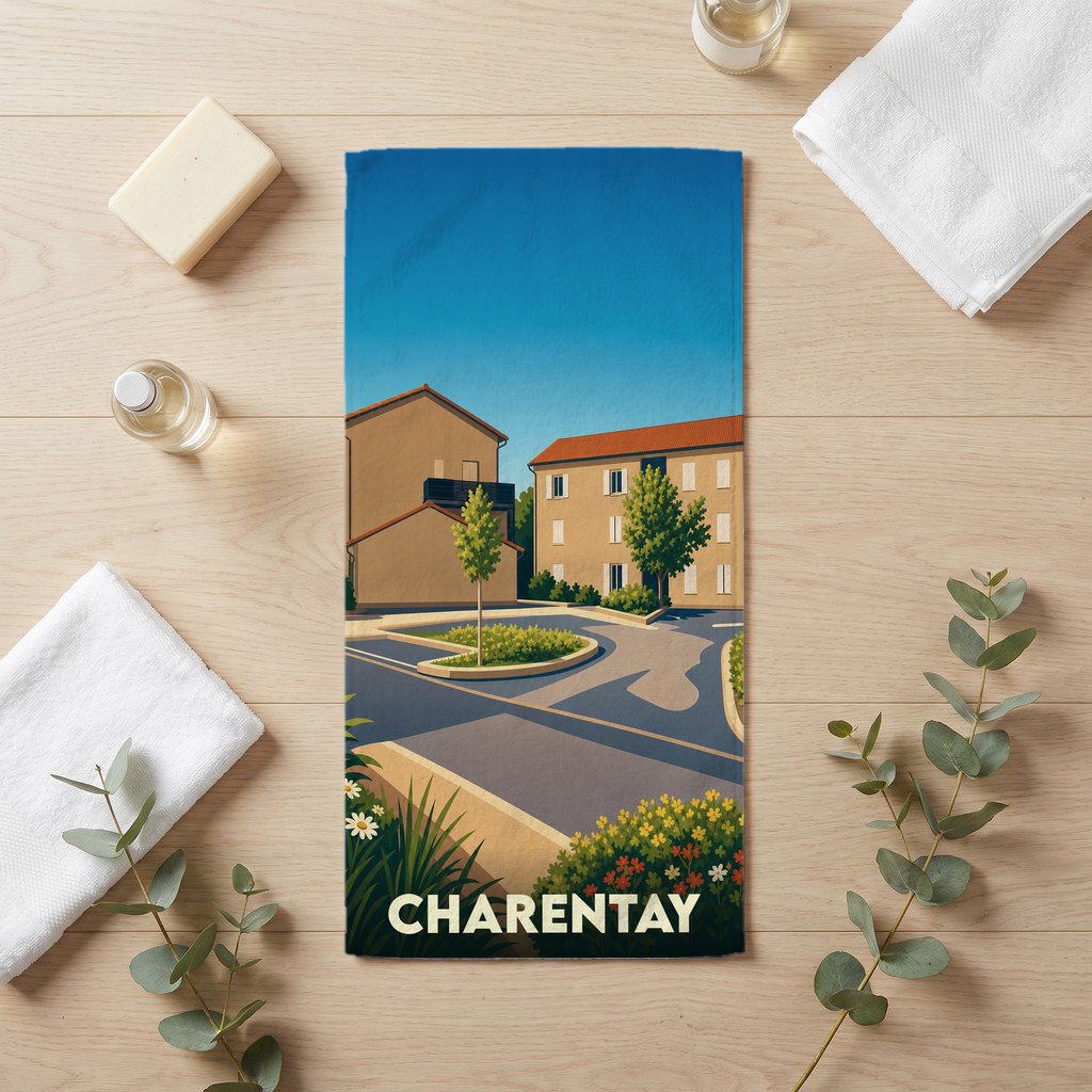 Serviette de bain souvenir de la ville de Charentay avec une illustration stylisée.