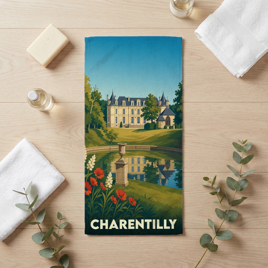 Serviette de bain souvenir de la ville de Charentilly avec une illustration stylisée d'un château et de son parc.