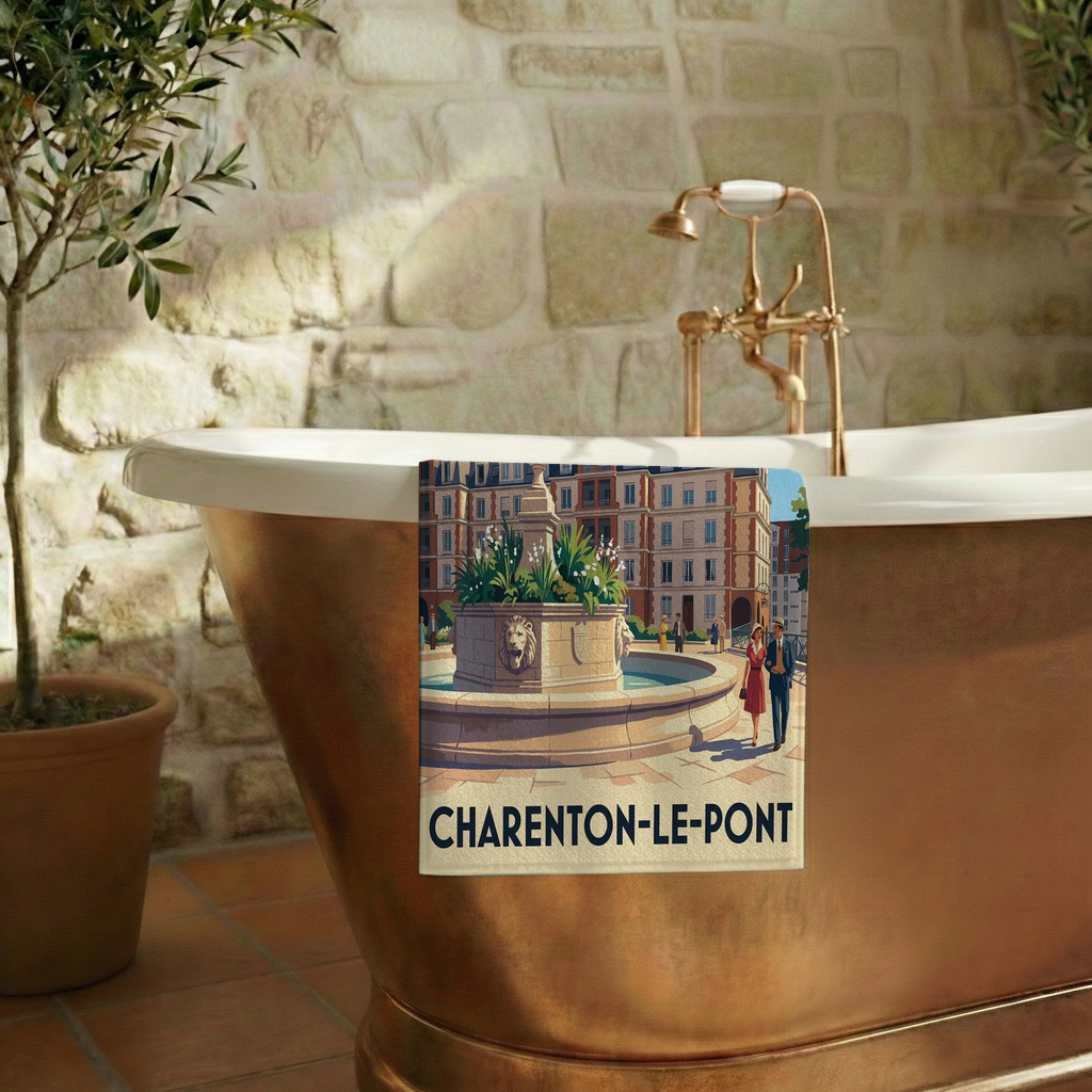 Serviette de bain souvenir de la ville de Charenton-le-Pont avec une illustration stylisée.