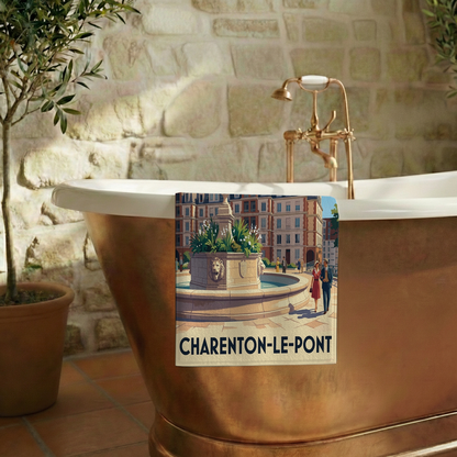 Serviette de bain souvenir de la ville de Charenton-le-Pont avec une illustration stylisée.