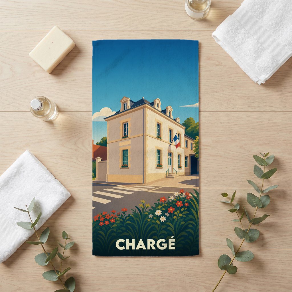 Serviette de bain souvenir de la ville de Chargé avec une illustration stylisée d'un bâtiment officiel français.