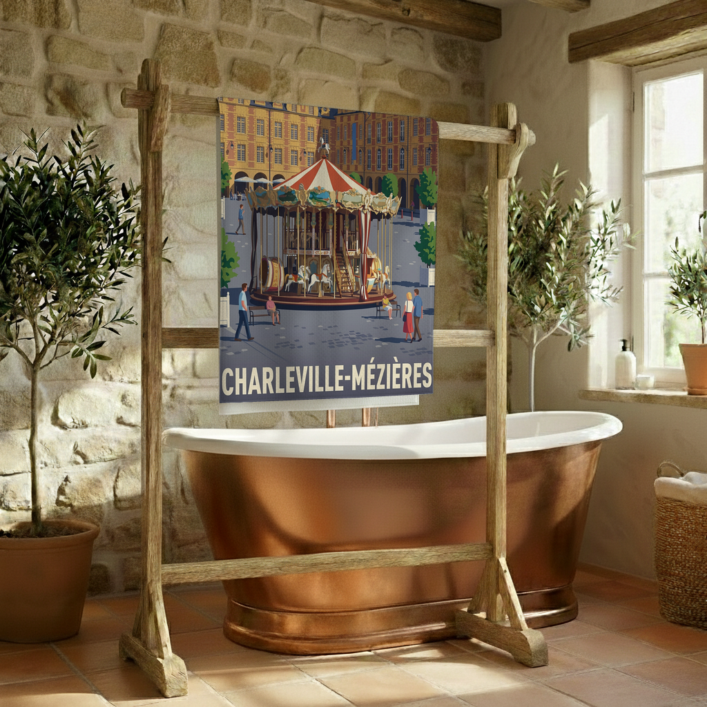 Serviette de bain souvenir de la ville de Charleville-Mézières avec une illustration stylisée d'un carrousel.