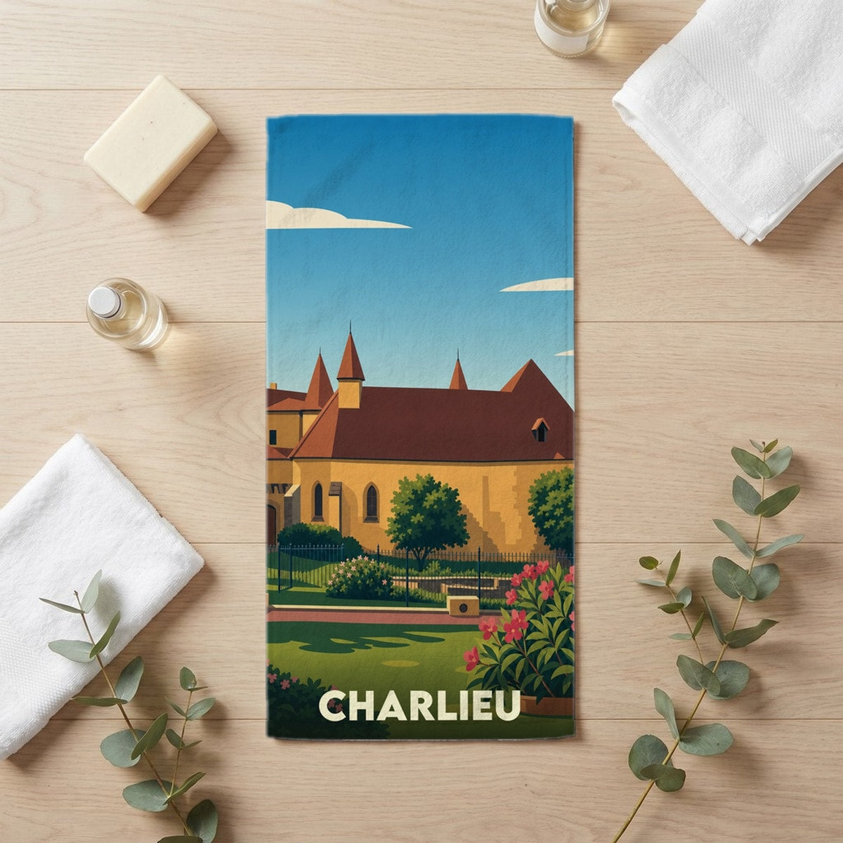 Serviette de bain 30 cm x 60 cm souvenir de Charlieu