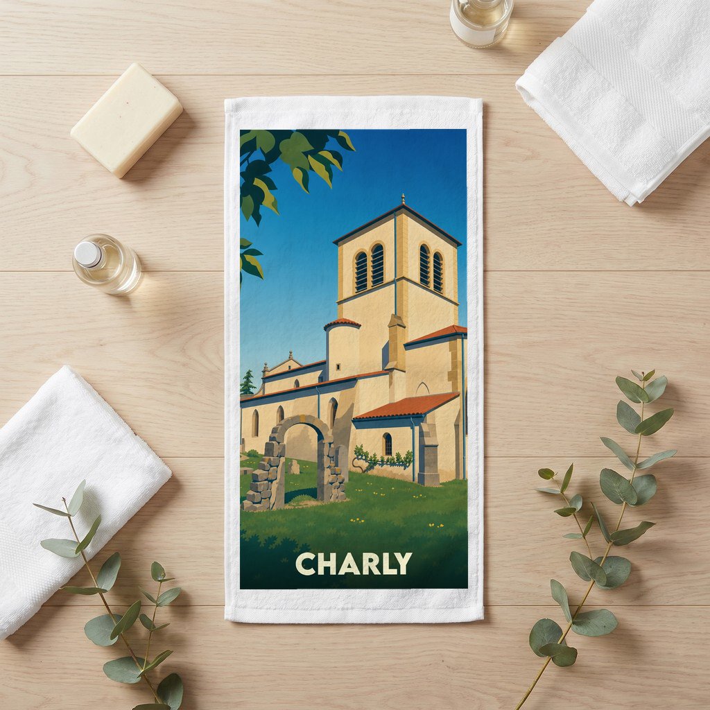 Serviette de bain souvenir de la ville de Charly avec une illustration stylisée de son église.