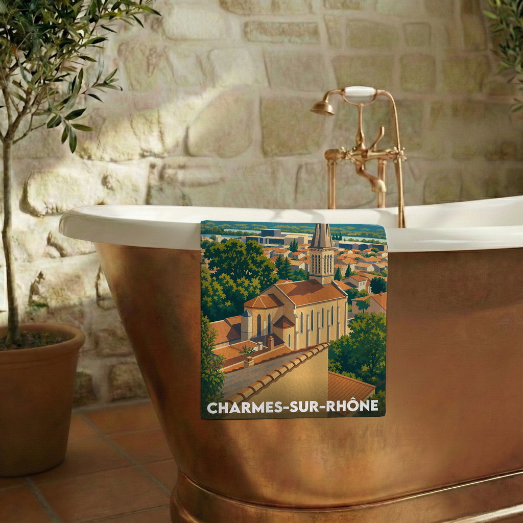 Serviette de bain souvenir de la ville de Charmes-sur-Rhône avec une illustration stylisée.