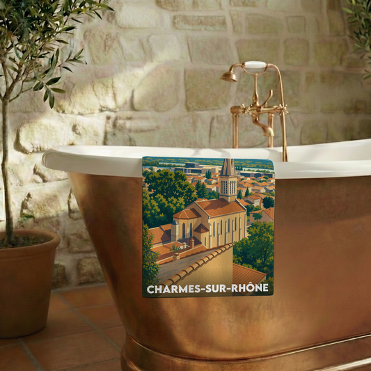 Serviette de bain souvenir de la ville de Charmes-sur-Rhône avec une illustration stylisée.