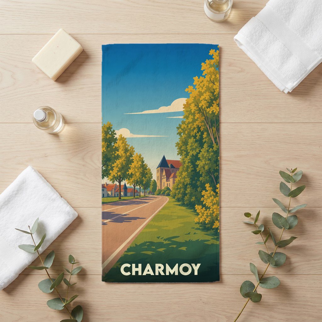 Serviette de bain souvenir de la ville de Charmoy avec une illustration stylisée de paysage urbain.