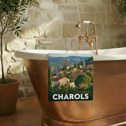 Serviette de bain souvenir de la ville de Charols avec une illustration stylisée.